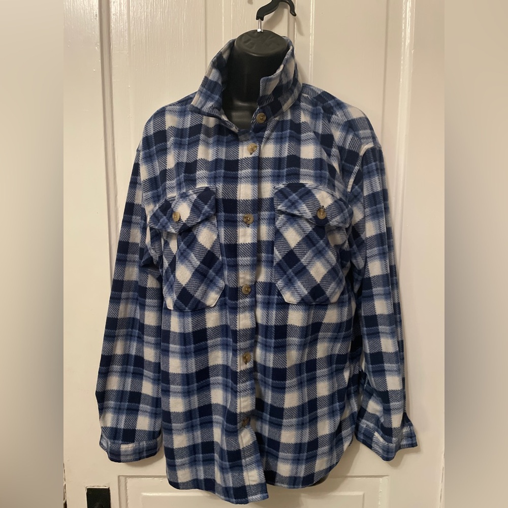 Blue and White Plaid Flannel Shirt
